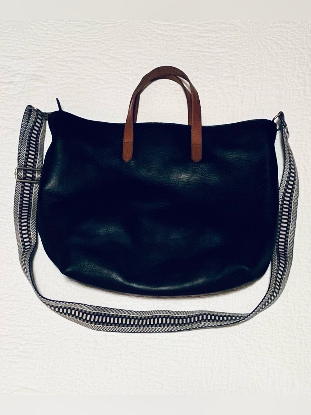 Madewell Transport Carryall in Black/Brown with Woven Patterned Crossbody Strap